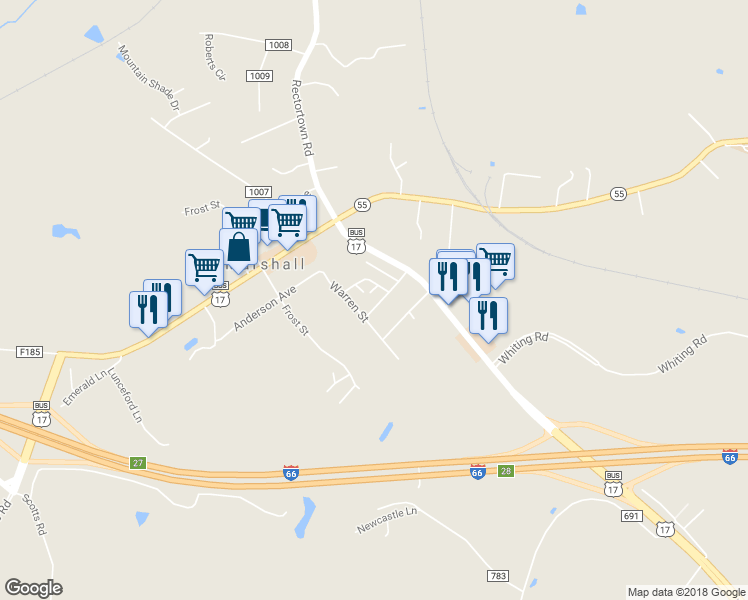 map of restaurants, bars, coffee shops, grocery stores, and more near 8476 Ashby Avenue in Marshall