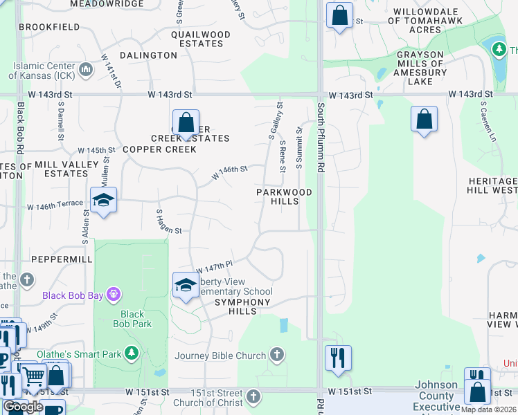 map of restaurants, bars, coffee shops, grocery stores, and more near 13971 West 146th Court in Olathe
