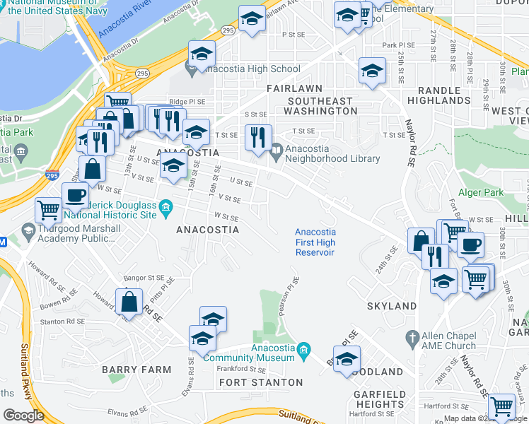 map of restaurants, bars, coffee shops, grocery stores, and more near 2111 18th Street Southeast in Washington