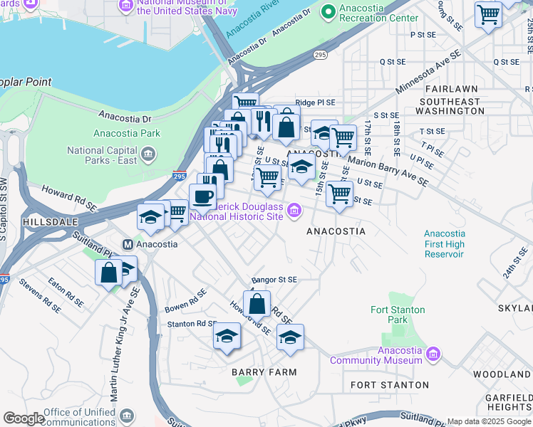 map of restaurants, bars, coffee shops, grocery stores, and more near 2226 Chester Street Southeast in Washington
