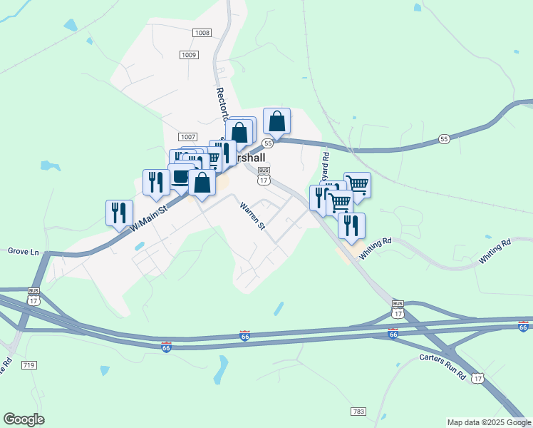 map of restaurants, bars, coffee shops, grocery stores, and more near 8478 Ashby Avenue in Marshall