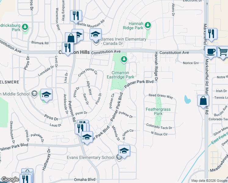 map of restaurants, bars, coffee shops, grocery stores, and more near 2160 Poteae Circle in Colorado Springs