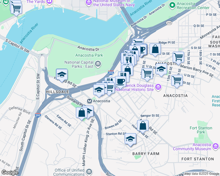 map of restaurants, bars, coffee shops, grocery stores, and more near 2308 Shannon Place Southeast in Washington