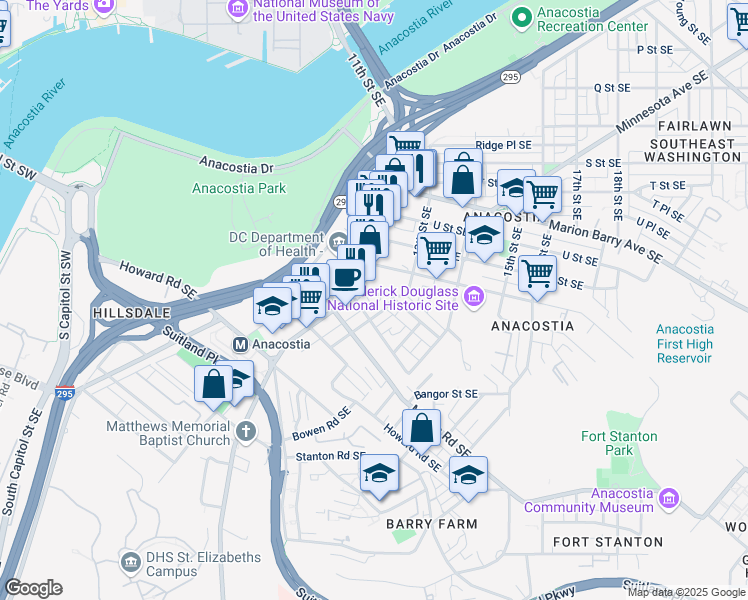 map of restaurants, bars, coffee shops, grocery stores, and more near 1219 Pleasant Street Southeast in Washington