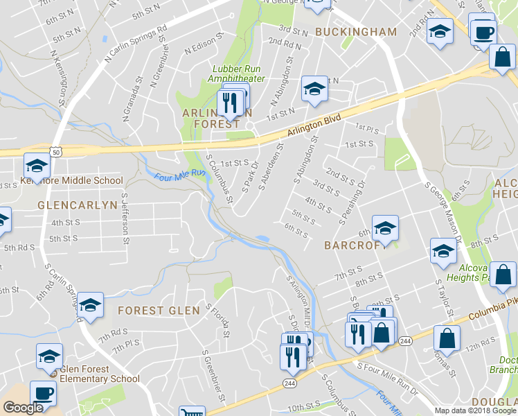 map of restaurants, bars, coffee shops, grocery stores, and more near 117 South Aberdeen Street in Arlington