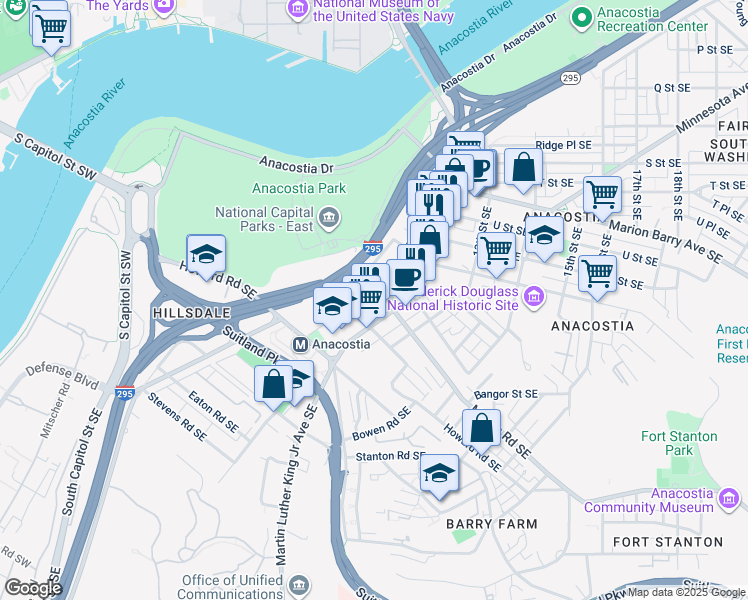 map of restaurants, bars, coffee shops, grocery stores, and more near 2308 Shannon Place Southeast in Washington