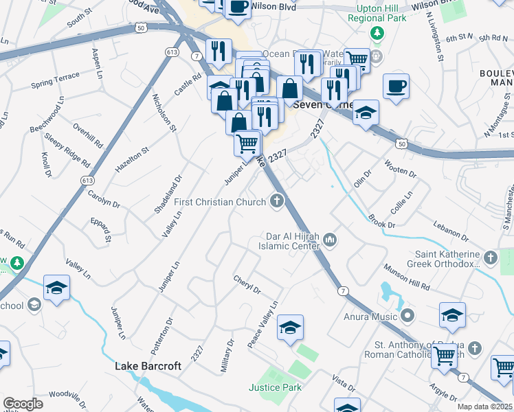 map of restaurants, bars, coffee shops, grocery stores, and more near 6201 Squires Hill Drive in Falls Church