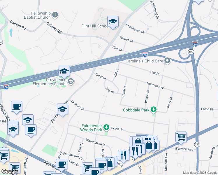 map of restaurants, bars, coffee shops, grocery stores, and more near 10810 Ann Street in Fairfax