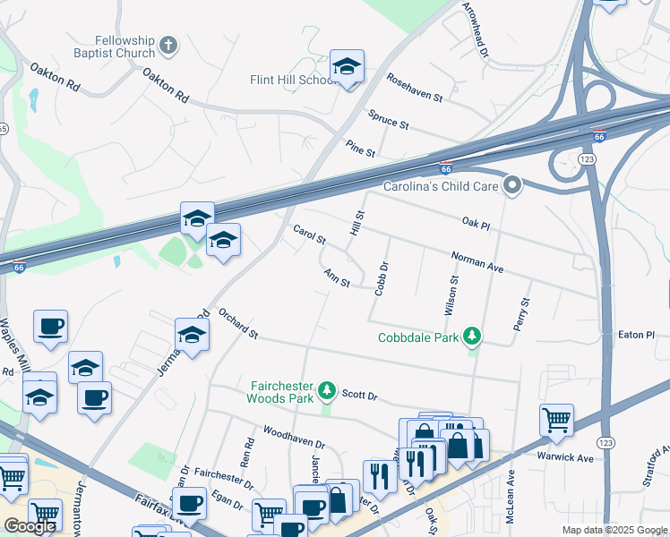 map of restaurants, bars, coffee shops, grocery stores, and more near 10810 Ann Street in Fairfax