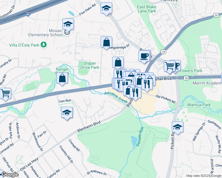 map of restaurants, bars, coffee shops, grocery stores, and more near 9715 Lee Highway in Fairfax