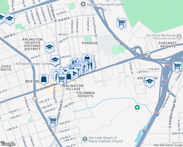 map of restaurants, bars, coffee shops, grocery stores, and more near 2300 Columbia Pike in Arlington