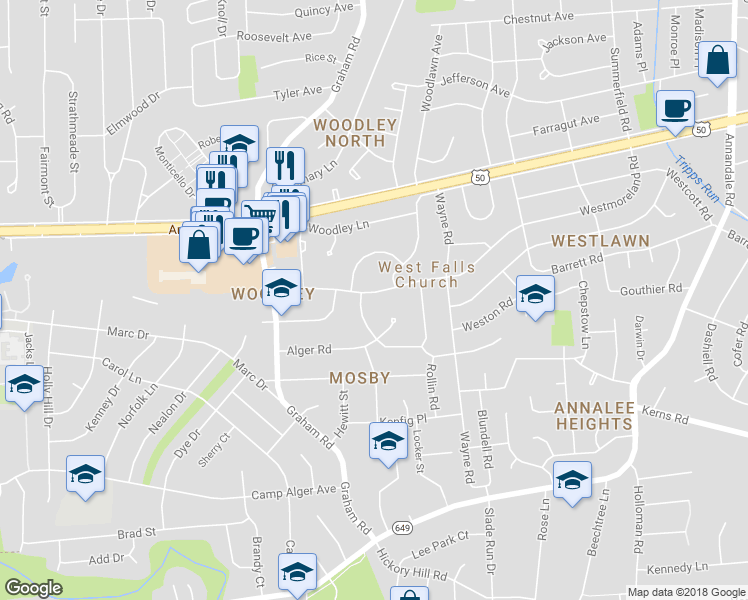 map of restaurants, bars, coffee shops, grocery stores, and more near 7107 Westmoreland Road in Falls Church
