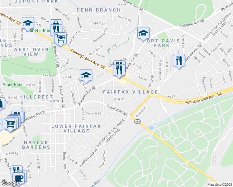 map of restaurants, bars, coffee shops, grocery stores, and more near 2104 38th Street Southeast in Washington