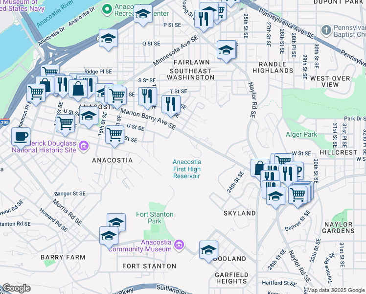 map of restaurants, bars, coffee shops, grocery stores, and more near 1824 Woodmont Place Southeast in Washington
