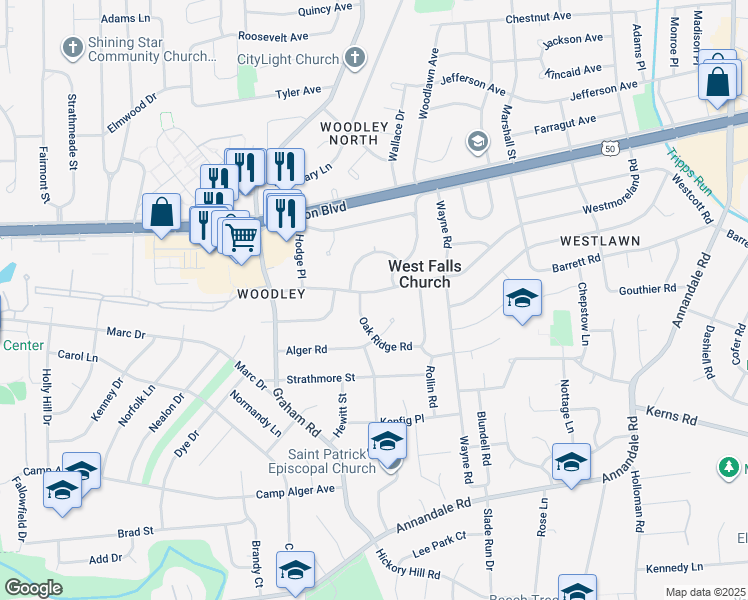 map of restaurants, bars, coffee shops, grocery stores, and more near 7107 Westmoreland Road in Falls Church