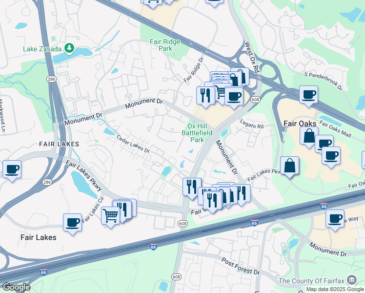 map of restaurants, bars, coffee shops, grocery stores, and more near 12245 Fairfield House Drive in Fairfax