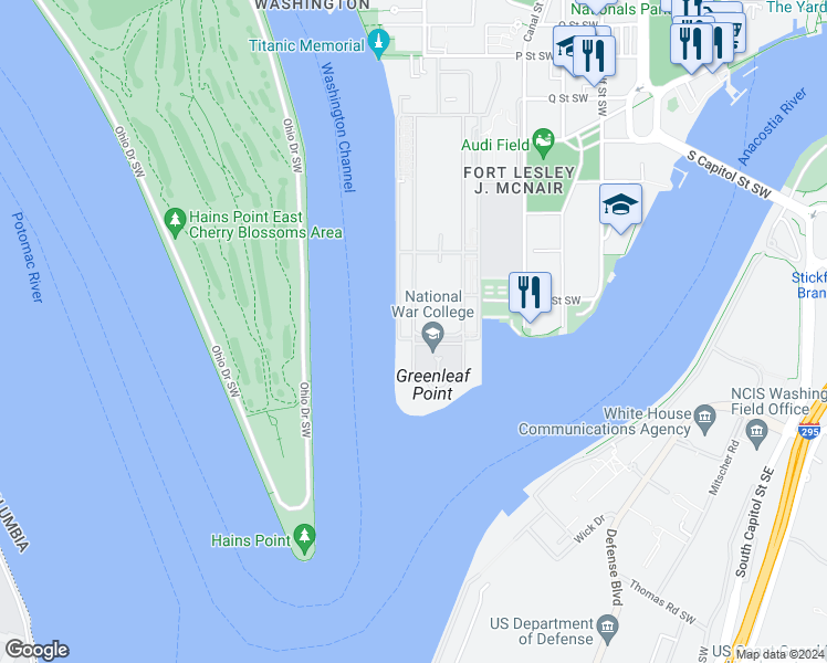 map of restaurants, bars, coffee shops, grocery stores, and more near 2nd Ave & D St in Washington