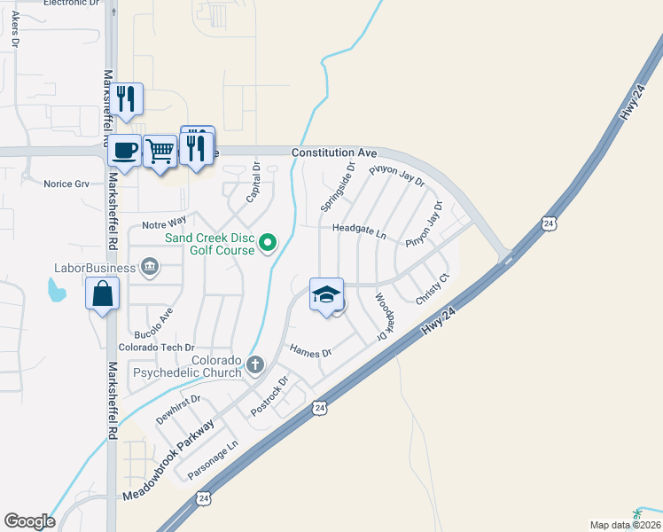 map of restaurants, bars, coffee shops, grocery stores, and more near 2035 Pinyon Jay Drive in Colorado Springs