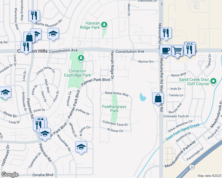 map of restaurants, bars, coffee shops, grocery stores, and more near 2193 Hannah Ridge Drive in Colorado Springs