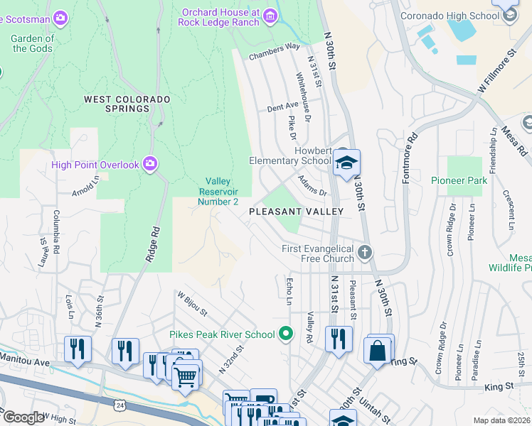 map of restaurants, bars, coffee shops, grocery stores, and more near 1032 Valley Road in Colorado Springs