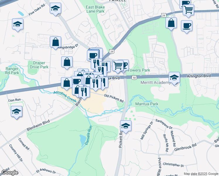 map of restaurants, bars, coffee shops, grocery stores, and more near 9489 Fairfax Boulevard in Fairfax