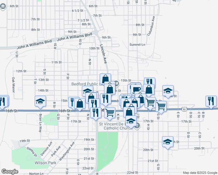 map of restaurants, bars, coffee shops, grocery stores, and more near 1350-1398 L Street in Bedford