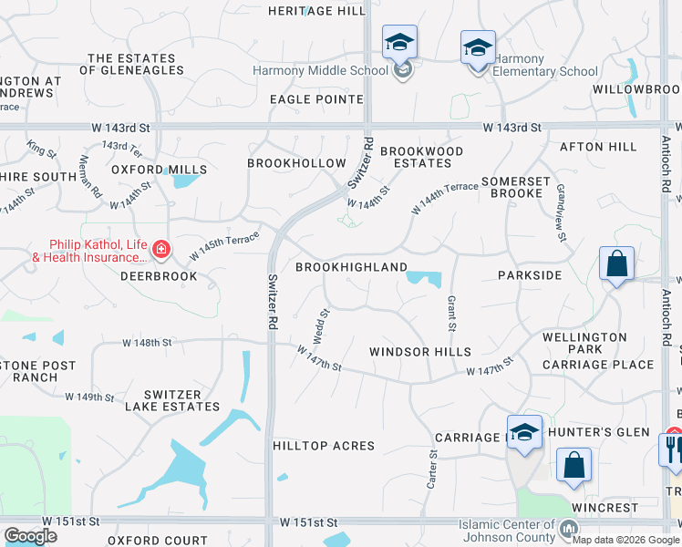 map of restaurants, bars, coffee shops, grocery stores, and more near 14505 Farley Street in Overland Park