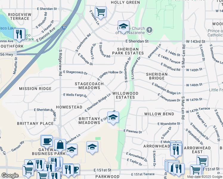 map of restaurants, bars, coffee shops, grocery stores, and more near 1701 East Sheridan Bridge Lane in Olathe
