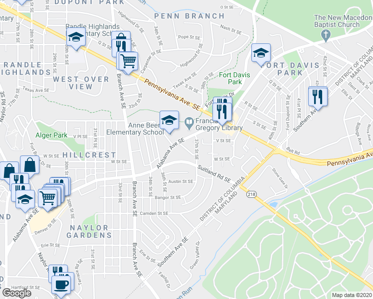map of restaurants, bars, coffee shops, grocery stores, and more near 36th Place Southeast in Washington