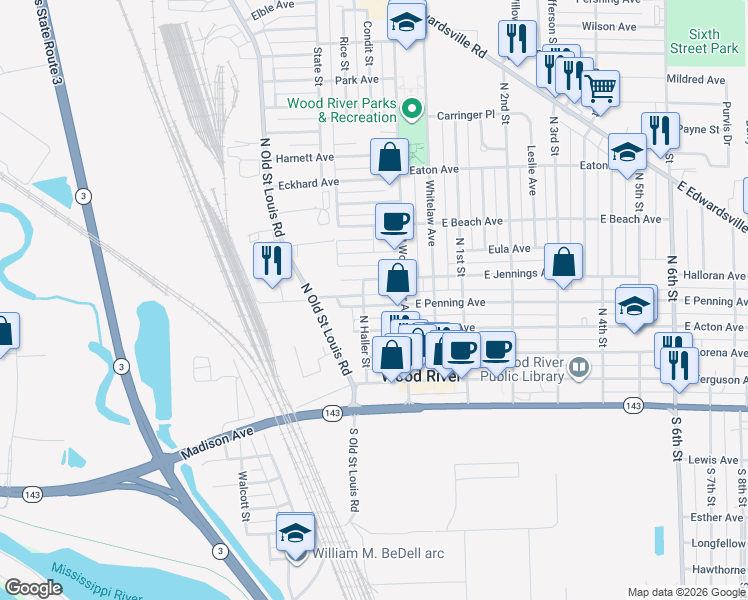 map of restaurants, bars, coffee shops, grocery stores, and more near 24 West Penning Avenue in Wood River