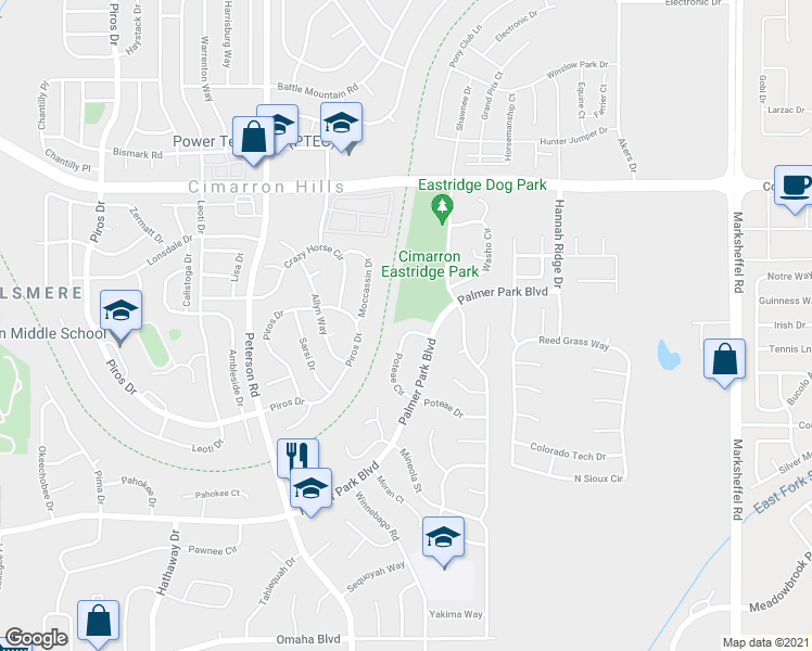 map of restaurants, bars, coffee shops, grocery stores, and more near 2160 Poteae Circle in Colorado Springs