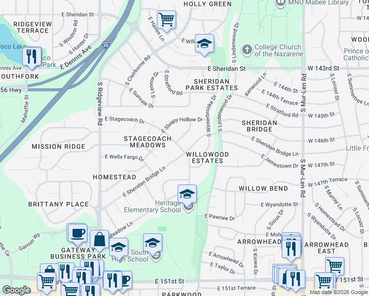 map of restaurants, bars, coffee shops, grocery stores, and more near 1701 East Sheridan Bridge Lane in Olathe