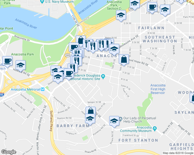 map of restaurants, bars, coffee shops, grocery stores, and more near 2219 14th Street Southeast in Washington