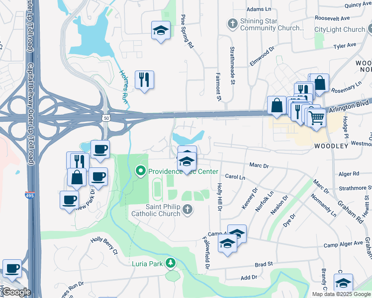 map of restaurants, bars, coffee shops, grocery stores, and more near 3152 Covewood Court in Falls Church