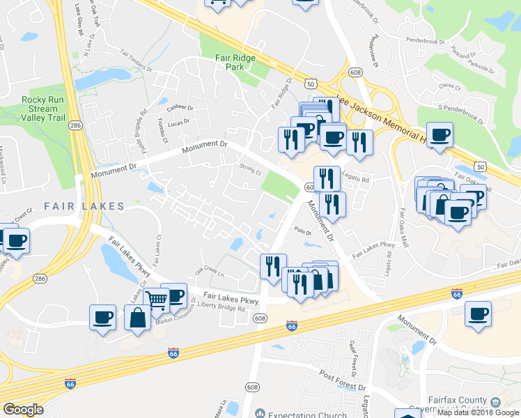 map of restaurants, bars, coffee shops, grocery stores, and more near 12245 Fairfield House Drive in Fairfax