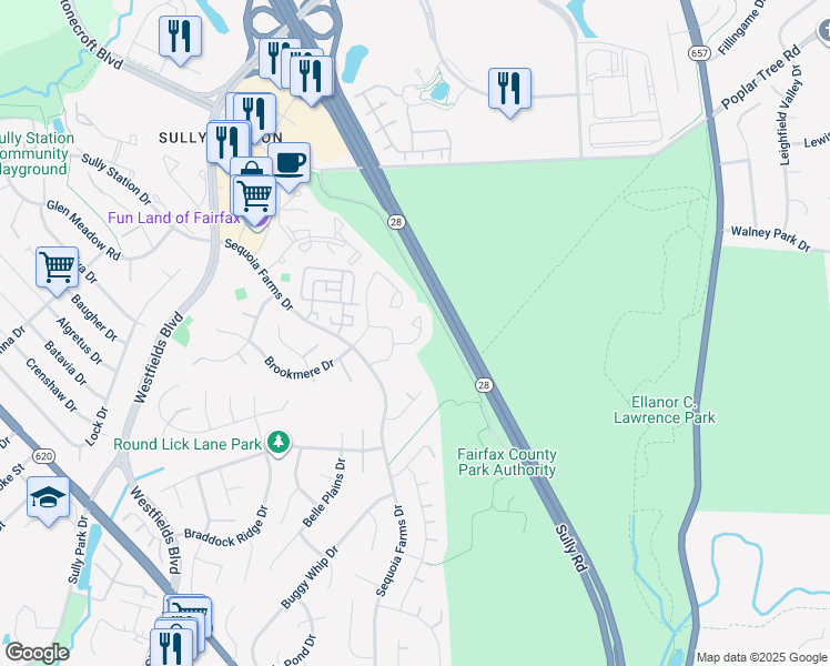 map of restaurants, bars, coffee shops, grocery stores, and more near 14326 Winding Woods Court in Centreville