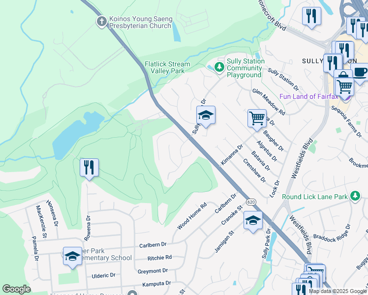 map of restaurants, bars, coffee shops, grocery stores, and more near 5405 Clubside Lane in Centreville