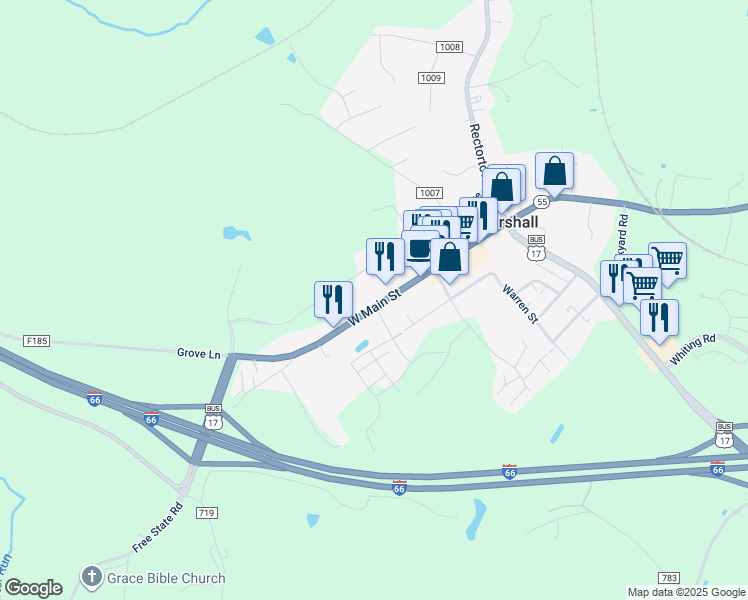 map of restaurants, bars, coffee shops, grocery stores, and more near 8414 West Main Street in Marshall