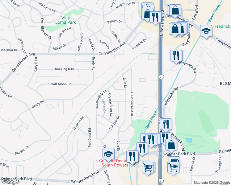 map of restaurants, bars, coffee shops, grocery stores, and more near 5410 Crystal Loma Point in Colorado Springs