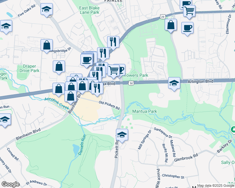 map of restaurants, bars, coffee shops, grocery stores, and more near 9451 Fairfax Boulevard in Fairfax