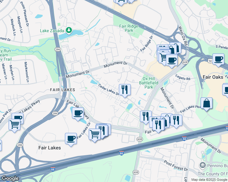 map of restaurants, bars, coffee shops, grocery stores, and more near 12408 Cedar Lakes Drive in Fairfax