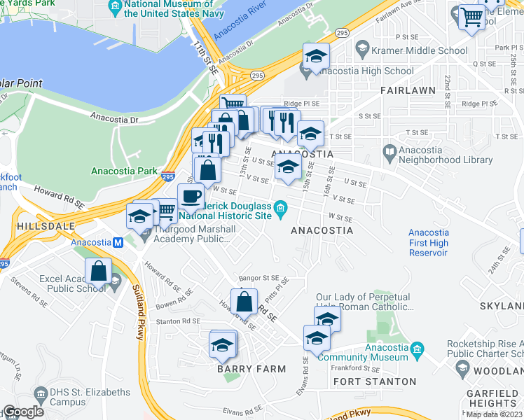map of restaurants, bars, coffee shops, grocery stores, and more near 2219 14th Street Southeast in Washington