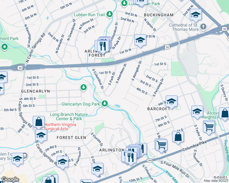 map of restaurants, bars, coffee shops, grocery stores, and more near 117 South Aberdeen Street in Arlington