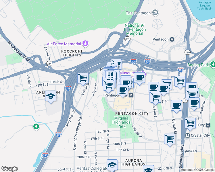 map of restaurants, bars, coffee shops, grocery stores, and more near 1201 South Joyce Street in Arlington