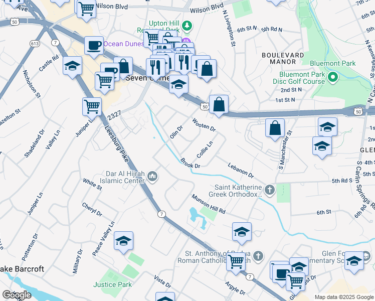 map of restaurants, bars, coffee shops, grocery stores, and more near 3119 Celadon Lane in Falls Church
