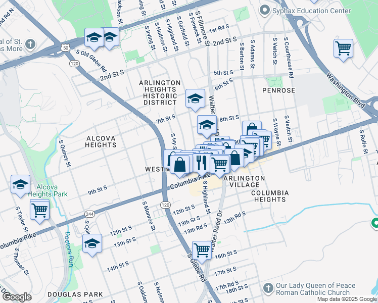 map of restaurants, bars, coffee shops, grocery stores, and more near 845 South Irving Street in Arlington
