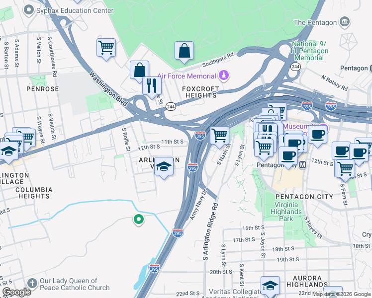 map of restaurants, bars, coffee shops, grocery stores, and more near 848 12th Street South in Arlington