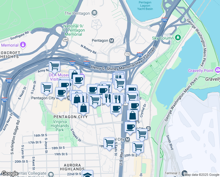 map of restaurants, bars, coffee shops, grocery stores, and more near 480 11th Street South in Arlington