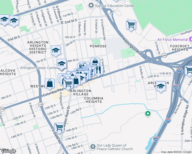 map of restaurants, bars, coffee shops, grocery stores, and more near 2301 Columbia Pike in Arlington