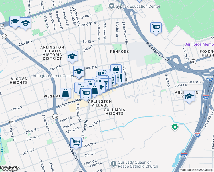 map of restaurants, bars, coffee shops, grocery stores, and more near 2405 Columbia Pike in Arlington